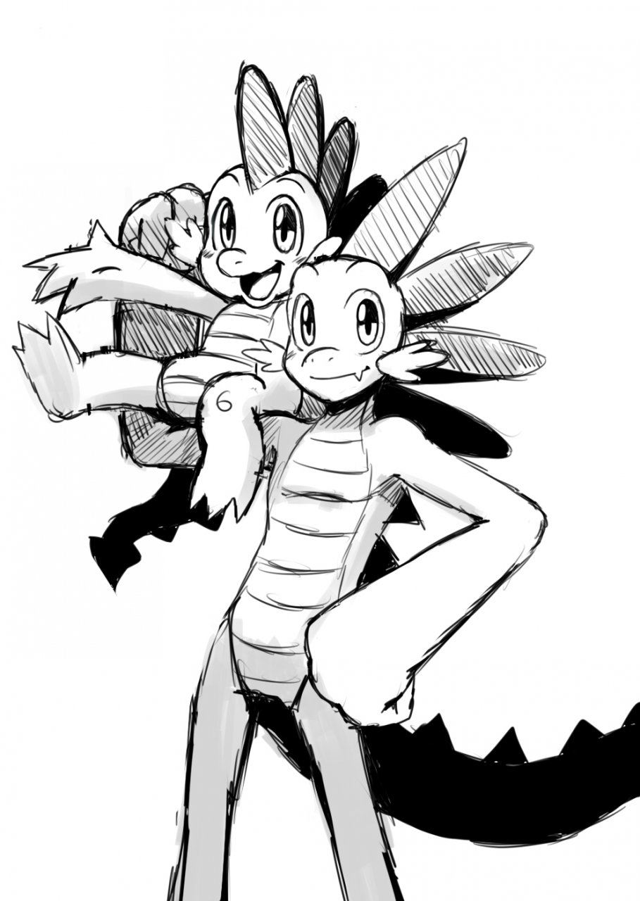 anthro dragon duo friendship_is_magic greyscale looking_at_viewer male monochrome my_little_pony open_mouth smile spike_(mlp) square_crossover sssonic2