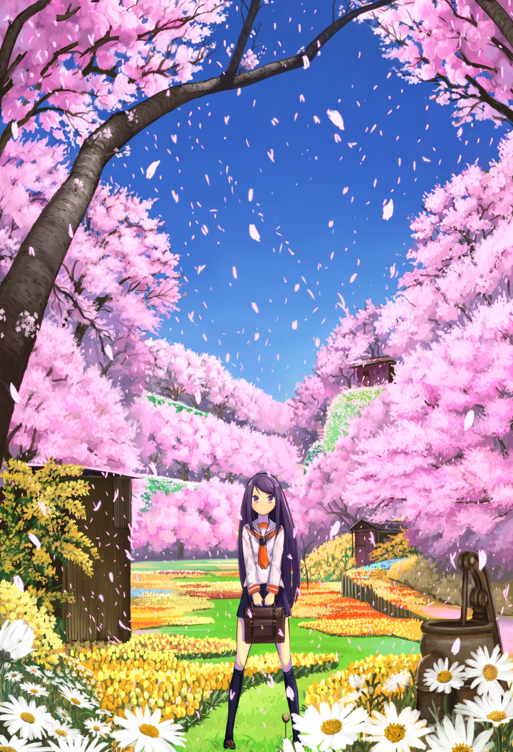 bad_id bad_pixiv_id bag blush cherry_blossoms domo1220 flower food fruit highres long_hair looking_at_viewer original pleated_skirt purple_eyes purple_hair school_bag school_uniform serafuku skirt smile solo tree wind