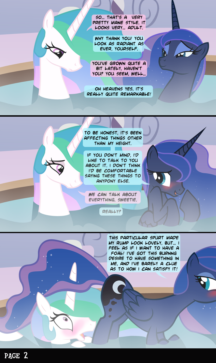 bath blush butt comic cutie_mark dialog dialogue english_text equine female feral friendship_is_magic hair horn horse incest long_hair mammal multi-colored_hair my_little_pony nude pony princess princess_celestia_(mlp) princess_luna_(mlp) royalty sibling siblings sisters text water winged_unicorn wings