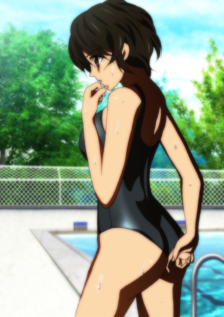 ass black_hair highres original pool short_hair sky solo sweat swimsuit tree water yadokari_genpachirou