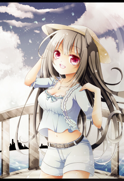:d aki_(chromaticclip) animal_ears arm_up bad_id bad_pixiv_id belt brown_hair cat_ears cat_tail hat letterboxed long_hair open_mouth original red_eyes shorts smile solo sunlight tail