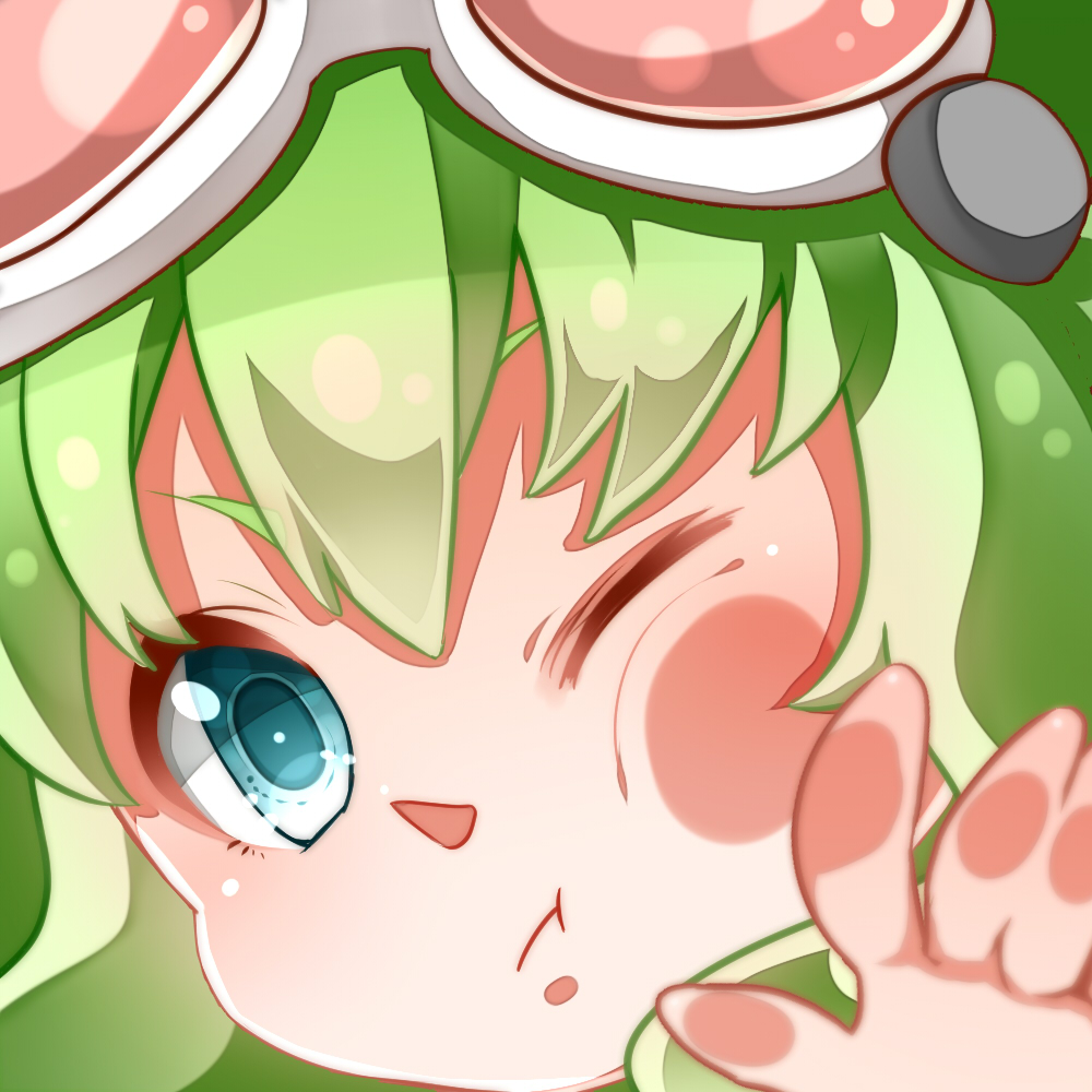 ;t against_fourth_wall against_glass blue_eyes close-up face fourth_wall goggles goggles_on_head green_eyes green_hair gumi looking_at_viewer nou short_hair solo vocaloid wince