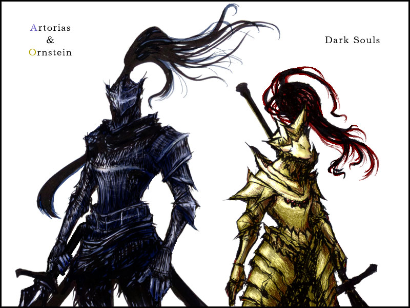 armor artorias_the_abysswalker dark_souls dragon_slayer_ornstein full_armor gauntlets helmet knight male_focus multiple_boys plume polearm souls_(from_software) spear sword weapon