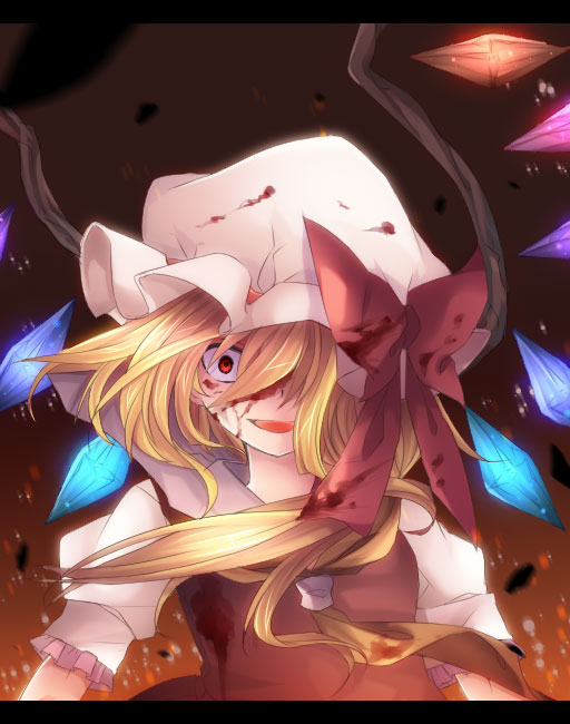 ascot bad_id bad_pixiv_id blonde_hair blood bow crazy_eyes crazy_smile crystal flandre_scarlet hat hat_bow mutsuki_(ama245) open_mouth puffy_sleeves red_eyes short_sleeves side_ponytail solo touhou wings