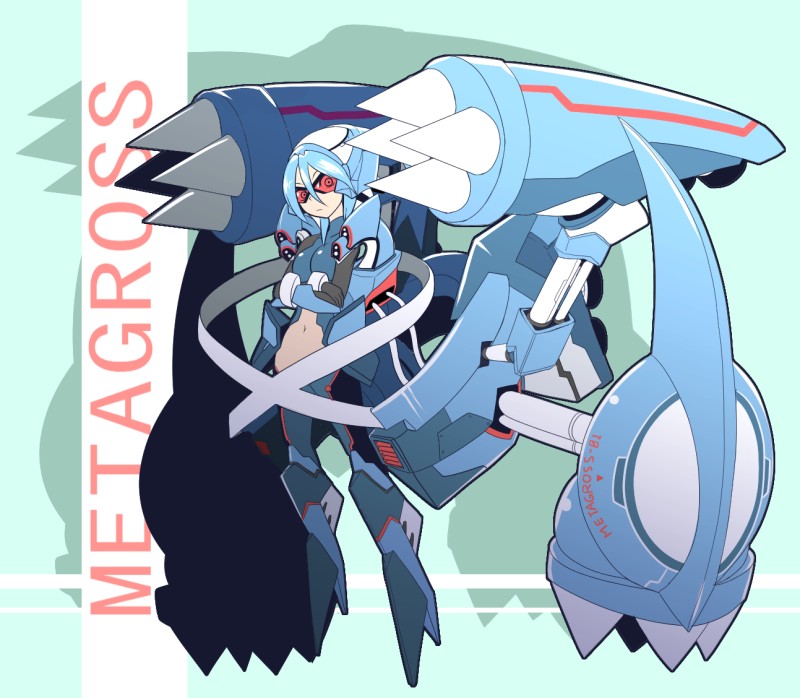 1girl blue_hair glasses machine mecha metagross midriff navel personification pokemon robot solo spikes sumeshi