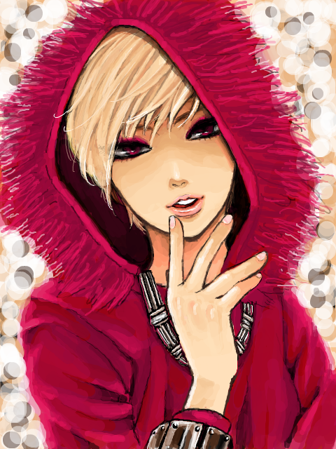 bad_id bad_pixiv_id blonde_hair bracelet eyeshadow finger_to_face girls'_generation hood jewelry lips looking_at_viewer makeup momoko_(mmkpeach) necklace parted_lips pink_eyes short_hair solo sunny_(girls'_generation) teeth upper_body