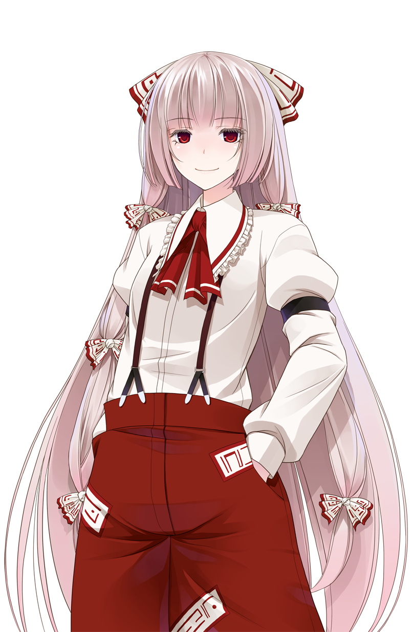 bow crote embellished_costume eyelashes frills fujiwara_no_mokou hair_bow hands_in_pockets highres long_hair looking_at_viewer red_eyes silver_hair smile solo suspenders touhou transparent_background very_long_hair