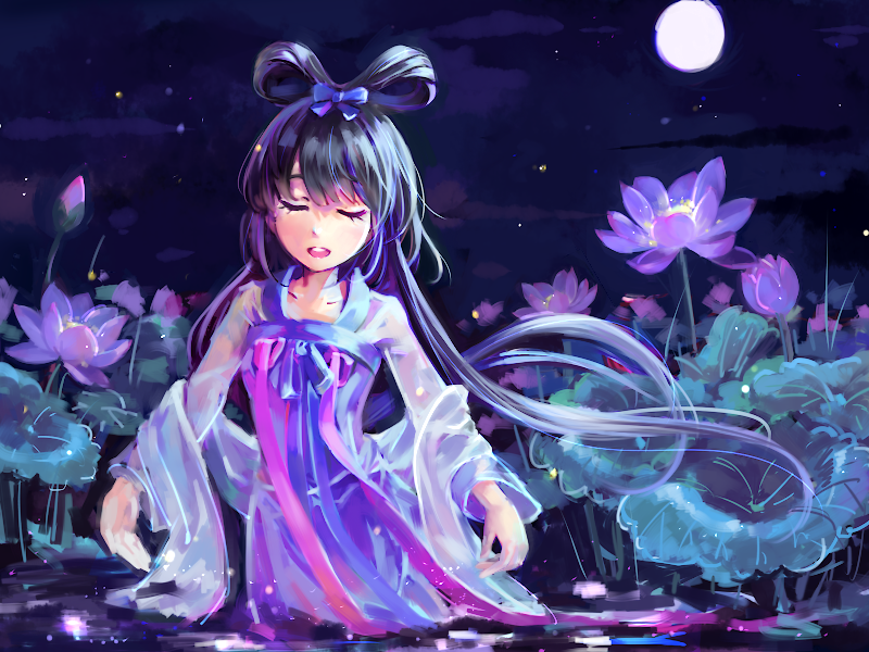 chinese_clothes closed_eyes facing_viewer fireflies flower full_moon hair_rings hanfu long_sleeves lotus luo_tianyi meng_qi moon music night night_sky open_mouth outdoors outstretched_arms see-through shawl singing sky solo vocaloid vocanese wading water