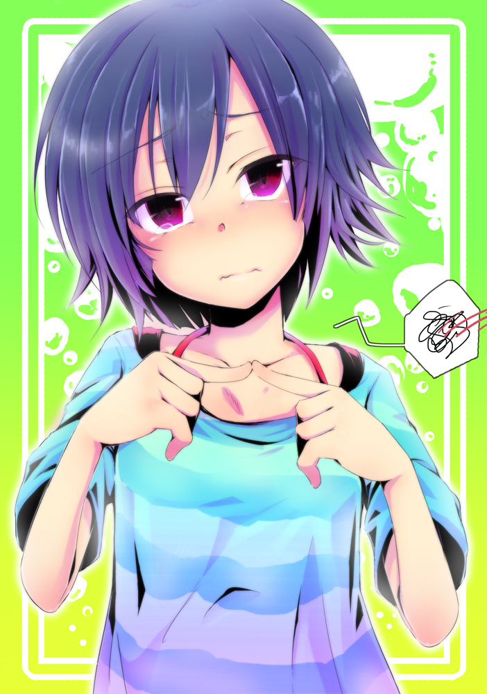aikura_(twilight_dusk) blue_hair blush collarbone fingers_together looking_at_viewer original pink_eyes short_hair solo spoken_squiggle squiggle striped