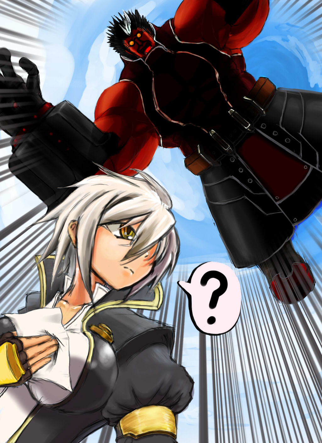 1girl ? android belt black_hair blazblue blazblue:_chronophantasma breasts bullet_(blazblue) cyborg dark_skin emphasis_lines fingerless_gloves from_below gauntlets glasses gloves hair_over_one_eye highres iron_tager jacket large_breasts mechanical_arms multicolored_hair muscle oversized_limbs paper red_skin short_hair silver_hair speech_bubble sunglasses two-tone_hair white_hair yellow_eyes