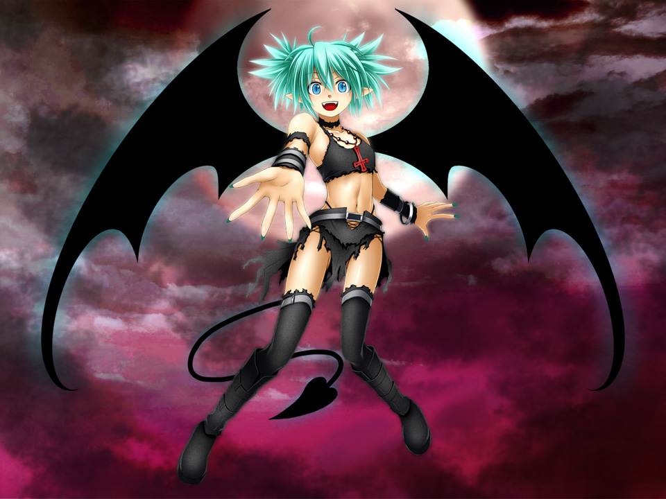 aqua_eyes aqua_hair boots crop_top fangs fingernails hatsune_miku kuromayu long_fingernails looking_at_viewer midriff nail_polish navel open_mouth outstretched_hand pointy_ears smile solo tail tank_top thighhighs vocaloid wings
