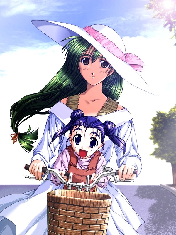 :d age_difference artist_request bangs basket bicycle bicycle_basket blue_eyes blue_hair brown_eyes day double_bun dress floating_hair green_hair ground_vehicle hair_ribbon hat hat_ribbon long_hair long_sleeves looking_at_viewer low-tied_long_hair mother_and_daughter multiple_girls off_shoulder open_mouth outdoors overalls pia_carrot_(series) pia_carrot_e_youkoso!!_2 pink_shirt ribbon riding road shirt smile street sun_hat sunlight tree twintails white_dress yamana_harue yamana_kaoru