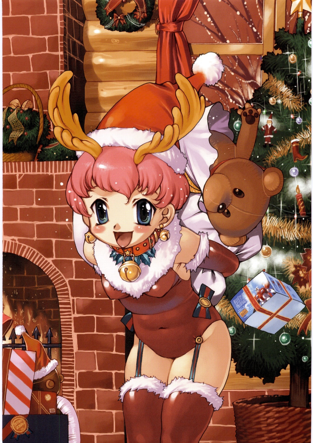 antlers arms_behind_back behind_back bell_earrings blue_eyes blush box christmas christmas_tree copyright_request covered_navel cowboy_shot earrings elbow_gloves fireplace fur_trim garter_straps gift gift_box gloves hat highres holding holding_sack indoors jewelry leaning_forward leash leotard nishi_iori open_mouth red_gloves red_legwear red_leotard reindeer reindeer_antlers sack santa_costume santa_hat short_hair solo stuffed_animal stuffed_toy teddy_bear thighhighs