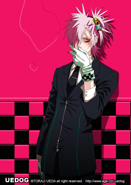 bad_id bad_pixiv_id cigarette copyright_request face formal gloves male_focus necktie pink_hair smoking solo ueda_toraji yellow_eyes