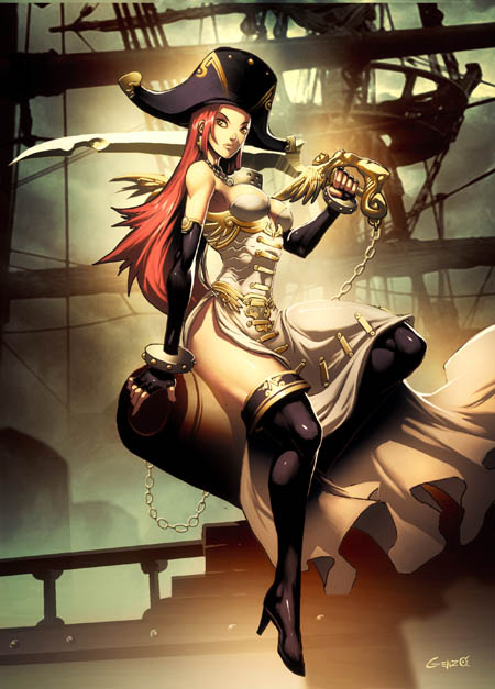 antique_cannon boots breasts cannon genzoman gloves hat legs lips long_hair original pirate pirate_hat red_hair ship slender solo sword thighhighs watercraft weapon