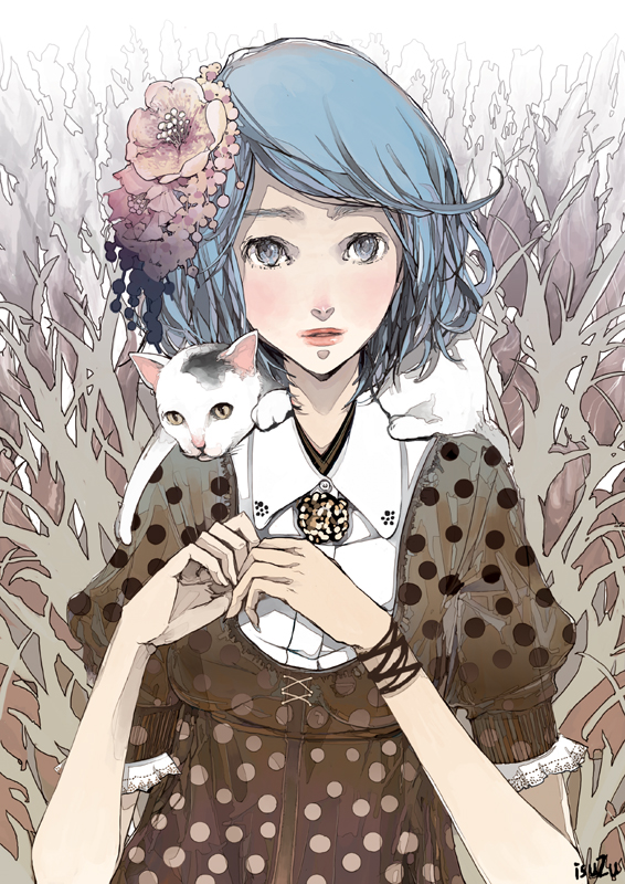 blue_hair cat copyright_request dress fashion flower hair_ornament isuzu_(uzushi) solo