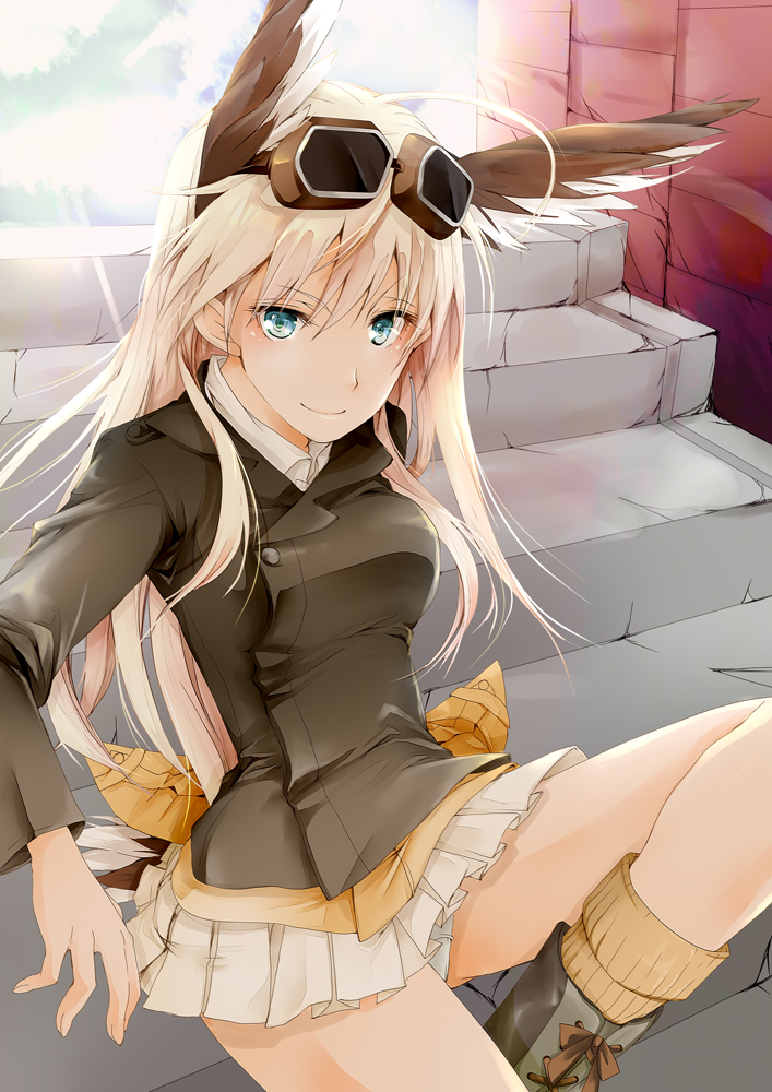 akatsuki_hijiri animal_ears blonde_hair blue_eyes goggles goggles_on_head hanna-justina_marseille long_hair looking_at_viewer military military_uniform skirt smile socks solo strike_witches uniform world_witches_series