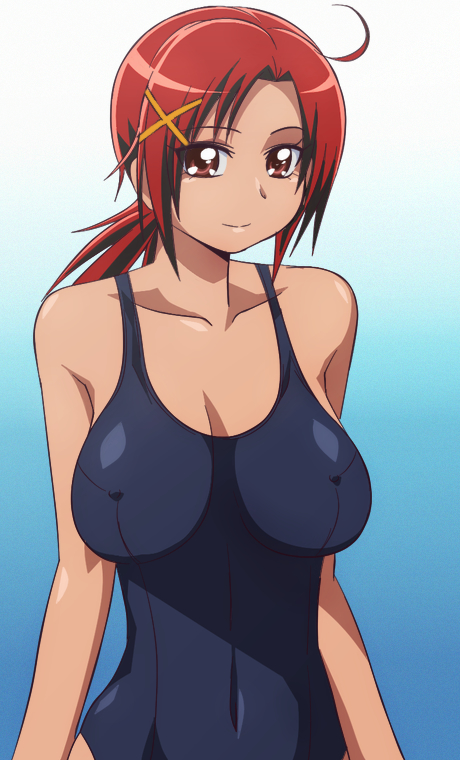 ahoge bad_id bad_pixiv_id breasts covered_nipples hino_akane_(smile_precure!) large_breasts manji_(tenketsu) one-piece_swimsuit precure red_eyes red_hair short_hair smile smile_precure! solo swimsuit