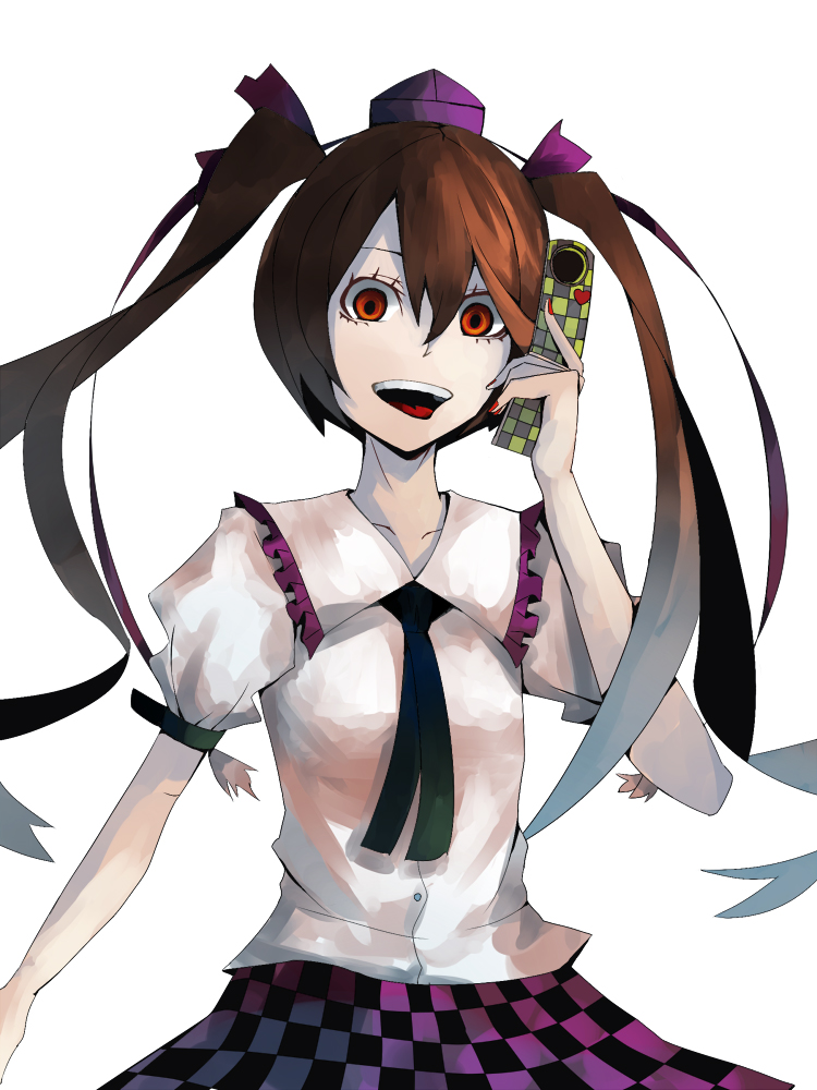 brown_hair cellphone collarbone hat himekaidou_hatate long_hair necktie open_mouth orange_eyes orgia phone puffy_sleeves short_sleeves solo tokin_hat touhou twintails white_background