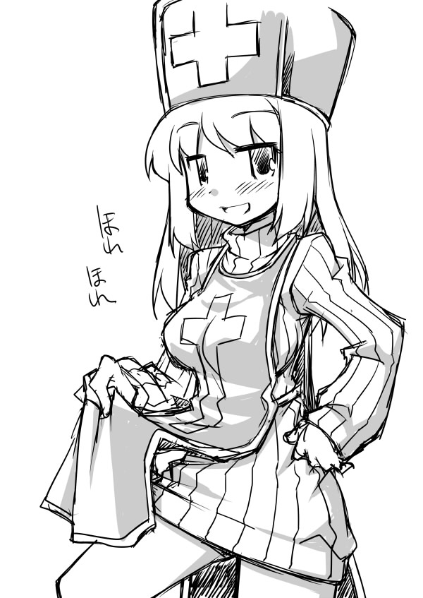 akou_roushi blush cross dragon_quest dragon_quest_iii greyscale hand_on_hip long_hair mitre monochrome priest_(dq3) ribbed_sweater smile solo sweater tabard