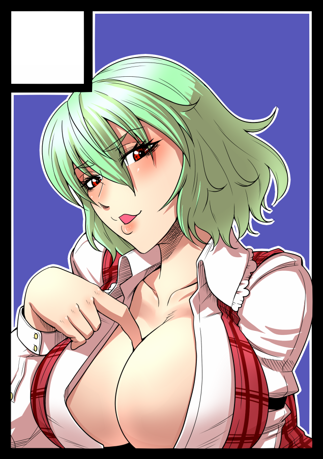 bad_id bad_pixiv_id black_border border breasts circle_cut eyelashes green_hair kamina_koharu kazami_yuuka large_breasts lips looking_at_viewer no_bra parted_lips pointing red_eyes short_hair solo touhou upper_body