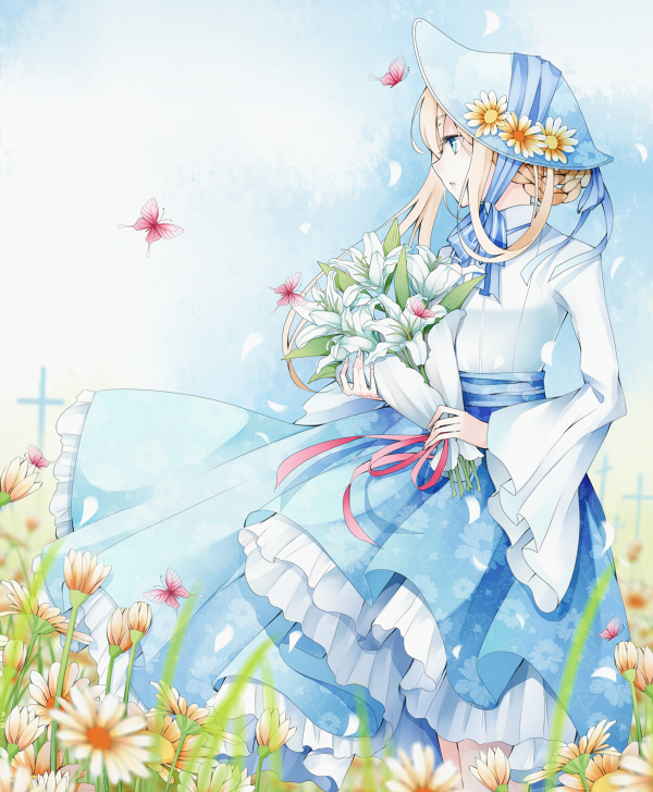 bad_id bad_pixiv_id blonde_hair blue_eyes blurry bouquet bug butterfly depth_of_field dress floral_print flower hat hat_flower holding insect lily_(flower) original petals profile solo standing stari wind
