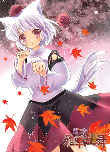1girl animal_ears blush detached_sleeves hat inubashiri_momiji leaf lowres maple_leaf open_mouth paw_pose red_eyes short_hair solo tail tokin_hat touhou translation_request white_hair wide_sleeves wolf_ears wolf_tail