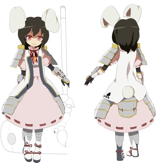 animal_ears armor armored_dress black_hair bunny_ears carrot dress gauntlets gloves hammer inaba_tewi jewelry mizukankun red_eyes short_hair smile solo tail touhou