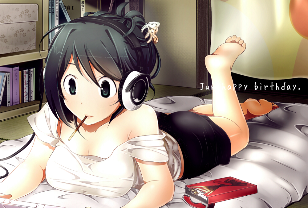 ass b_(kana0816) bare_legs barefoot black_hair bookshelf breasts casual cleavage food futon green_eyes hair_ornament hair_up hairclip handheld_game_console happy_birthday headphones indoors kami_nomi_zo_shiru_sekai large_breasts lying miniskirt mouth_hold nagase_jun off_shoulder on_stomach playing_games playstation_portable pocky skirt solo