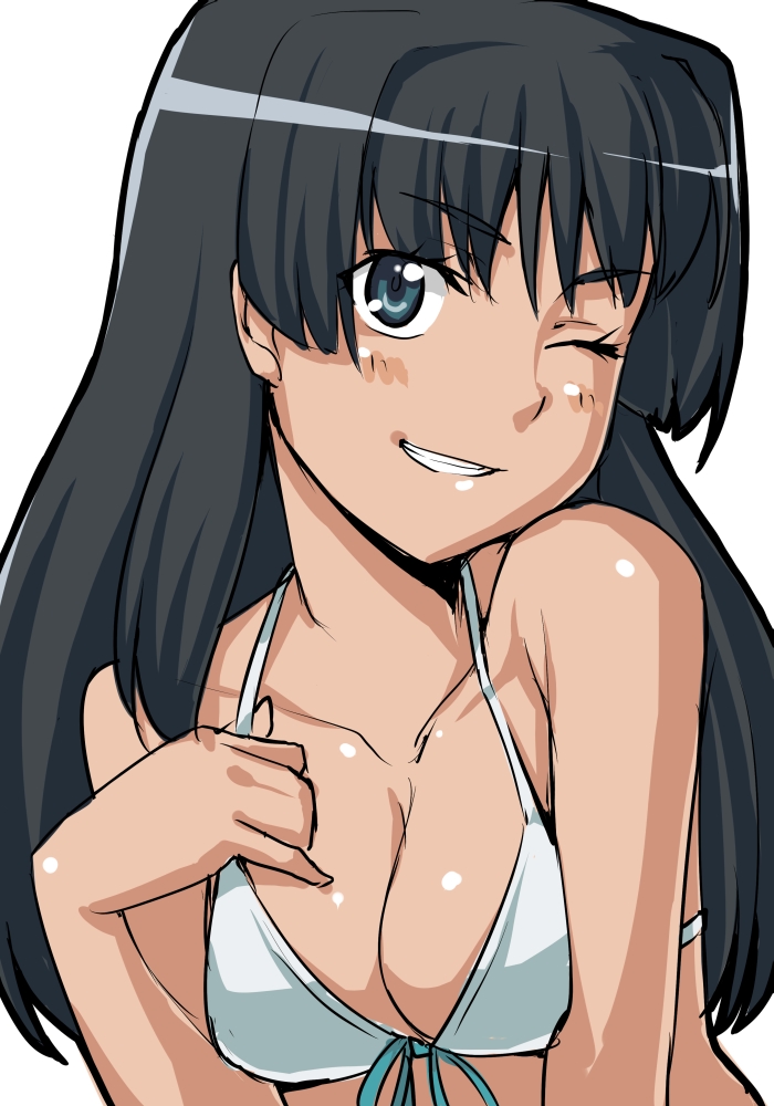 bad_id bad_pixiv_id bikini_top black_hair blue_eyes breasts cleavage front-tie_top grin karute medium_breasts one_eye_closed saten_ruiko smile solo swimsuit to_aru_kagaku_no_railgun to_aru_majutsu_no_index