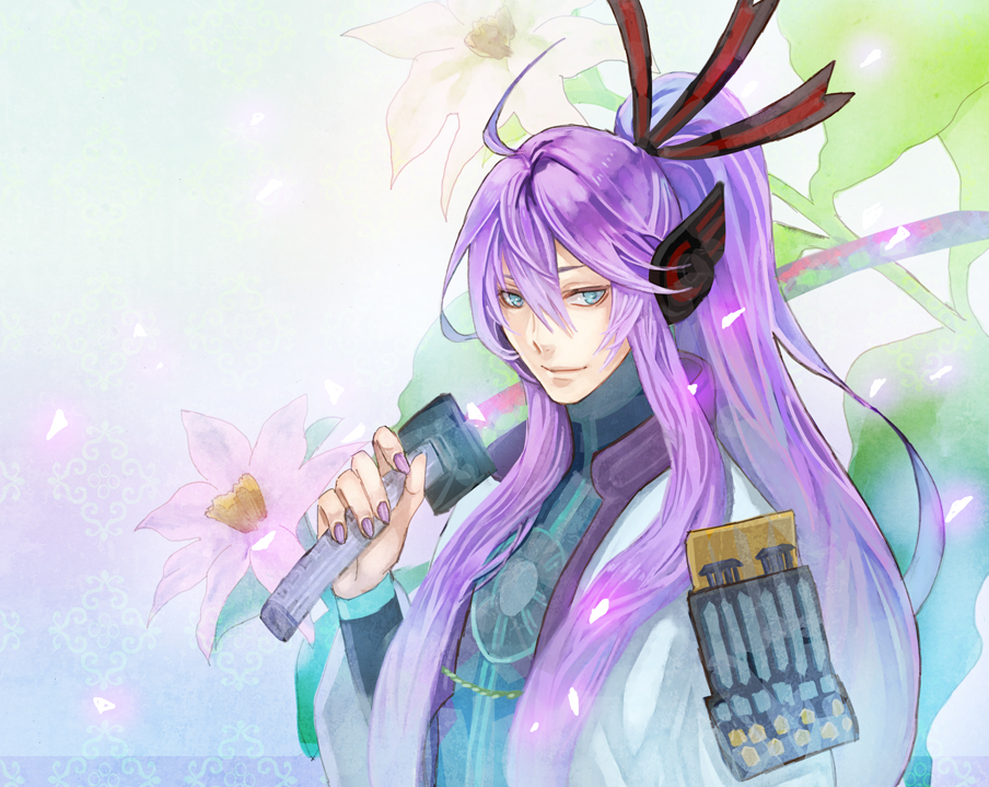 androgynous bad_id bad_pixiv_id blue_eyes hair_ornament hair_ribbon kamui_gakupo kirinosuke long_hair male_focus ponytail purple_hair ribbon smile solo sword vocaloid weapon