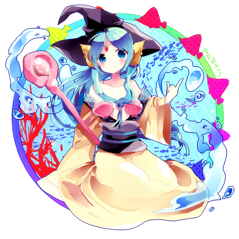 bad_id bad_pixiv_id bare_shoulders blue_eyes blue_hair blush front_ponytail hat long_hair magi_the_labyrinth_of_magic remimim shell shell_bikini solo staff water witch_hat yamuraiha