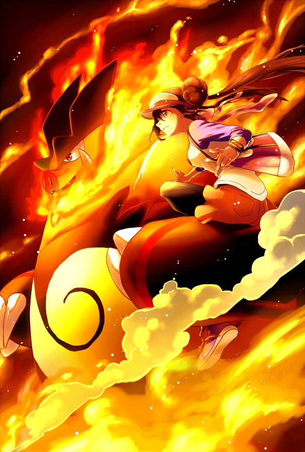 bag blue_eyes brown_hair double_bun emboar fire gen_5_pokemon legwear_under_shorts long_hair mei_(pokemon) pantyhose pokemon pokemon_(creature) pokemon_(game) pokemon_bw2 raglan_sleeves sekka_koyori shorts twintails visor_cap