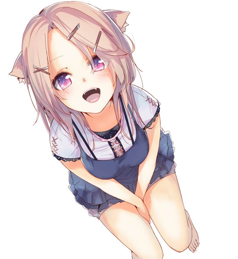 animal_ears barefoot cat_ears fang from_above hair_ornament hairpin la-na looking_at_viewer open_mouth original pink_eyes pink_hair short_hair short_sleeves solo white_background