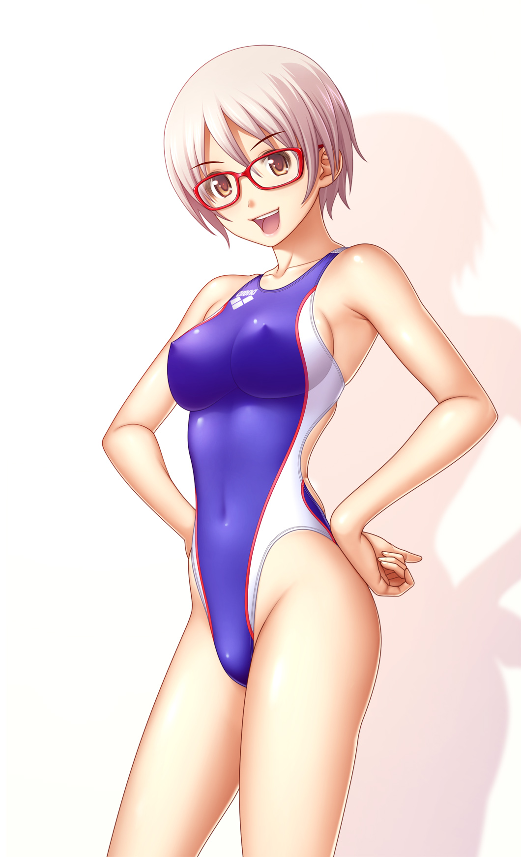 arena_(company) breasts brown_eyes competition_swimsuit covered_nipples glasses highleg highleg_swimsuit highres kuri_(kurigohan) medium_breasts one-piece_swimsuit original short_hair silver_hair solo swimsuit