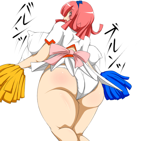 1girl asihiron ass bouncing_breasts breasts cheerleader erect_nipples female from_behind hair_ornament hairband huge_breasts kiti la_pucelle looking_back panties pink_eyes pink_hair prier short_hair simple_background solo standing thighs underwear white_background white_panties
