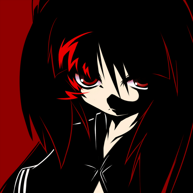 black_gold_saw black_rock_shooter long_hair looking_at_viewer monochrome naginami red_background red_eyes simple_background solo