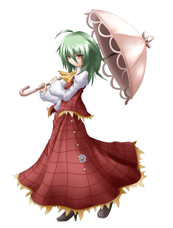 ascot green_hair kazami_yuuka naginami red_eyes simple_background solo touhou umbrella white_background