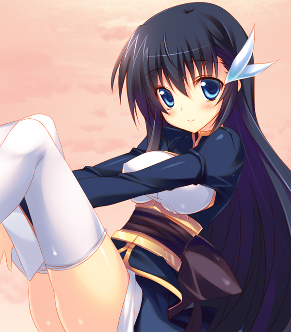 any_(trueblue) black_hair blue_eyes blush breasts long_hair medium_breasts original smile solo thighhighs white_legwear