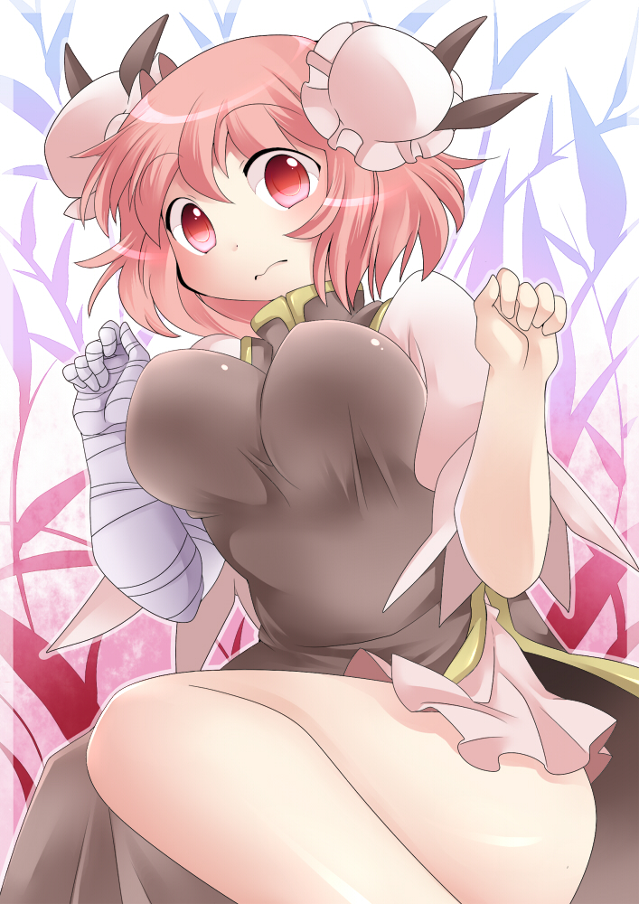 bandages blush bouncing_breasts breasts bun_cover chinese_clothes double_bun hammer_(sunset_beach) hands_up ibaraki_kasen large_breasts pink_eyes pink_hair short_hair solo tabard touhou