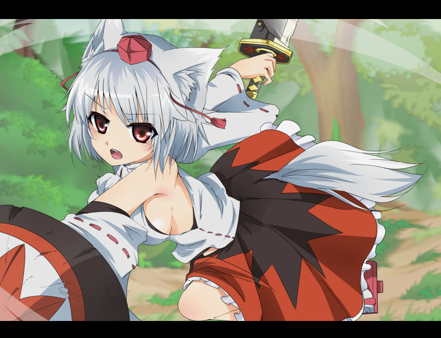 animal_ears bad_id bad_pixiv_id breasts bush detached_sleeves hat inubashiri_momiji large_breasts mobu_(nonoichi) open_mouth red_eyes shield short_hair sideboob solo sword tail tokin_hat touhou tree weapon white_hair wide_sleeves wolf_ears wolf_tail
