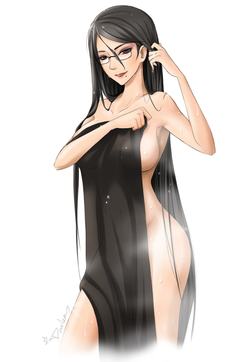 bayonetta bayonetta_(character) black_hair breasts brown_eyes cowboy_shot darika_wora-apinyaporn glasses highres hips large_breasts long_hair looking_at_viewer mole mole_under_mouth nude signature simple_background smile solo steam towel very_long_hair wet white_background