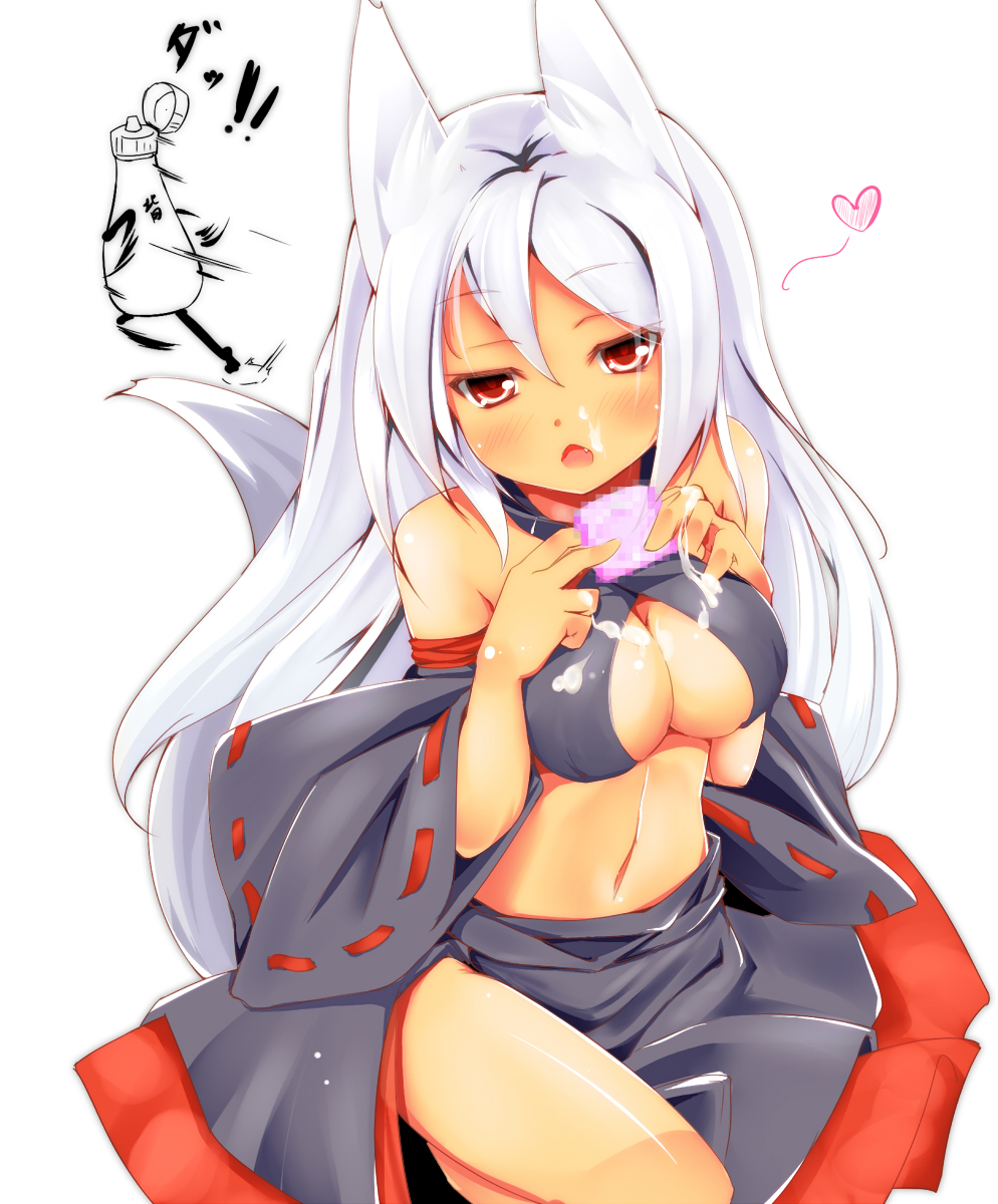 animal_ears blush breasts censored cleavage cleavage_cutout condom detached_sleeves fang heart highres large_breasts long_hair midriff mosaic_censoring navel open_mouth original red_eyes sexually_suggestive silver_hair simple_background so-ren solo suggestive_fluid tail white_background white_hair