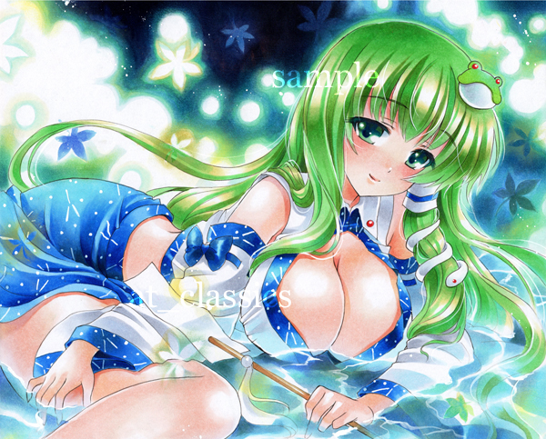 at_classics breasts cleavage detached_sleeves frog_hair_ornament gohei green_eyes green_hair hair_ornament hair_tubes kochiya_sanae large_breasts long_hair marker_(medium) partially_submerged sample smile snake solo touhou traditional_media water