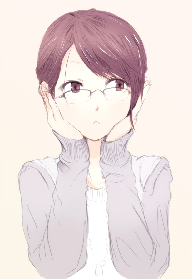 1girl akku_lude glasses hands_on_own_face looking_away original purple_eyes purple_hair short_hair simple_background sleeves_past_wrists solo sweater