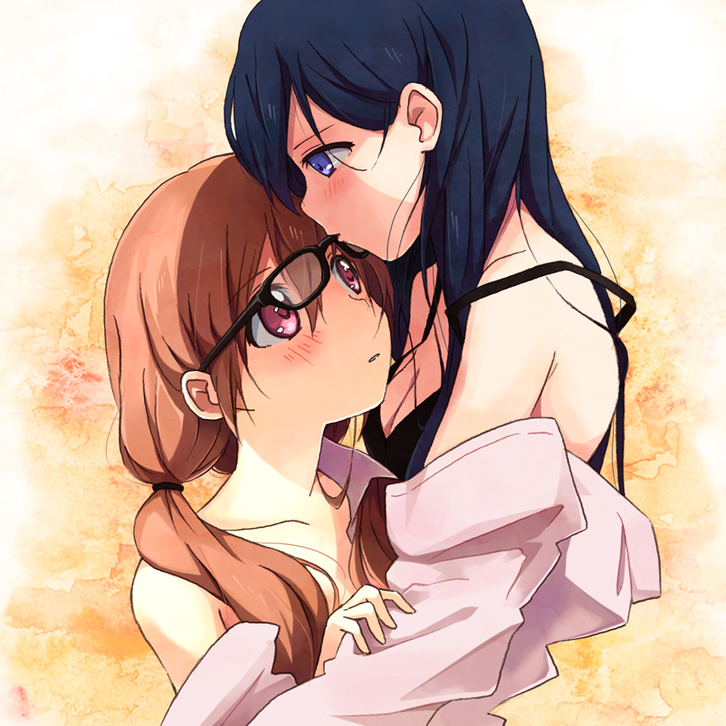 bare_shoulders black_hair blue_eyes blush brown_hair collarbone glasses long_hair looking_at_another mouth_hold multiple_girls original pink_eyes pitoo twintails yuri