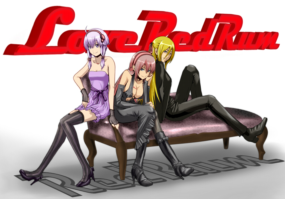 ahoge bare_shoulders blonde_hair blue_eyes boots breasts bridal_gauntlets chaise_longue cleavage elbow_gloves gloves hair_ornament hairband high_heels large_breasts lily_(vocaloid) long_hair looking_at_viewer megurine_luka multiple_girls no10 pants pantyhose pink_hair purple_eyes purple_hair shoes short_hair_with_long_locks sidelocks sitting small_breasts smile striped striped_legwear thighhighs vertical-striped_legwear vertical_stripes very_long_hair vocaloid voiceroid yuzuki_yukari
