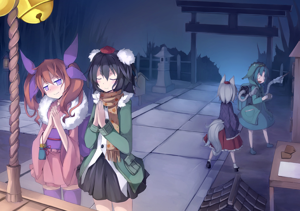 alternate_costume animal_ears arashiya backpack bag bell black_hair blush brown_hair closed_eyes green_hair hands_clasped hat himekaidou_hatate hood inubashiri_momiji jacket japanese_clothes kawashiro_nitori long_hair long_sleeves multiple_girls open_mouth own_hands_together purple_eyes scarf shameimaru_aya short_hair shrine silver_hair smile stone_lantern table tail thighhighs tokin_hat torii touhou two_side_up wolf_ears wolf_tail