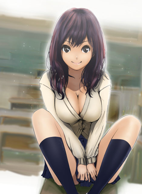 akitama bad_id bad_pixiv_id black_eyes blue_legwear breasts brown_hair cardigan cleavage copyright_request knees_up large_breasts long_hair pleated_skirt sitting skirt smile solo sweater