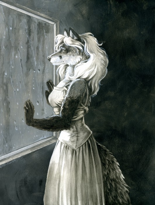 canine depressing dress female fox gloomy heather_bruton indoor mammal monochrome raining solo traditional_media window